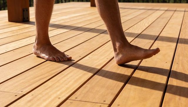 Barefoot man walking on sunlit wooden deck with warm timber planks and long shadows