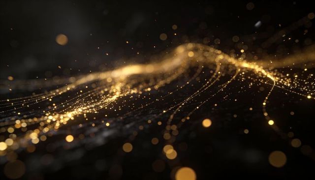 Flowing golden particle wave undulating across dark space with glowing filaments