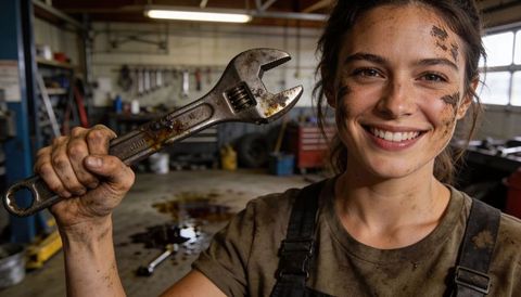 Smiling female mechanic holding adjustable wrench while working in oil-stained garage bay