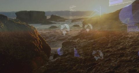 Sunset coastal rockpool with futuristic data hud overlays — ocean tech concept