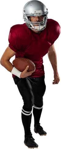 American football player running with ball on transparent background