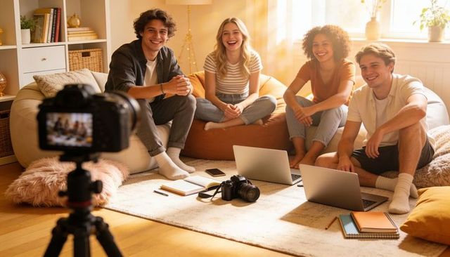 Young creators filming together at home while collaborating on laptops and cameras