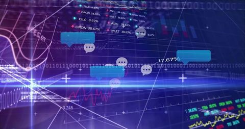 Futuristic trading dashboard with turquoise chat bubbles and real-time analytics overlay