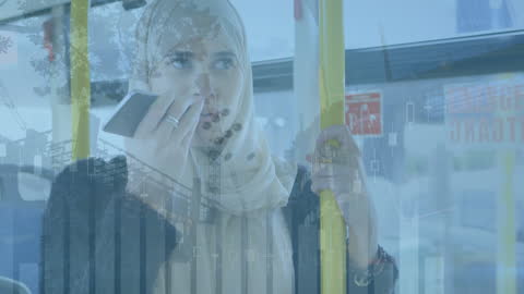 Woman in Hijab on Phone with Digital Overlay Holding Bus Pole