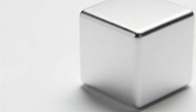 Minimal Metallic Silver Cube Resting on White Surface with Soft Shadow and Copy Space