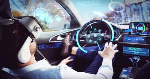 Man experiencing virtual reality in autonomous car