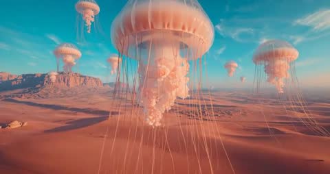 Surreal Jellyfish Floating Over Desert Landscape in Sci-Fi Fantasy