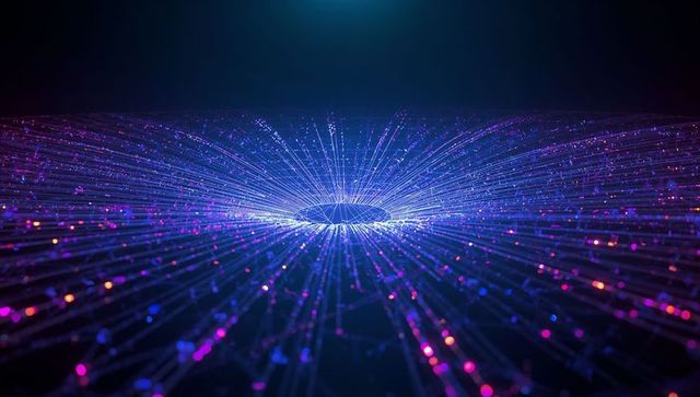 Futuristic cyber network with neon blue and violet rays