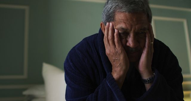 Elderly man sitting at home holding his head in a gesture of discomfort. He appears tired or experiencing some health issues. Possible uses include articles or websites focusing on elder care, healthcare, mental health, or illustrating symptoms of illness or stress in seniors.