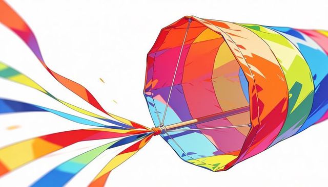 Vibrant rainbow windsock spinning with long ribbon tails and geometric panels