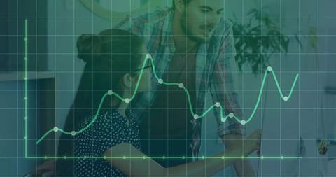 Team Discussing Data Insights in Modern Office with Graph Overlay