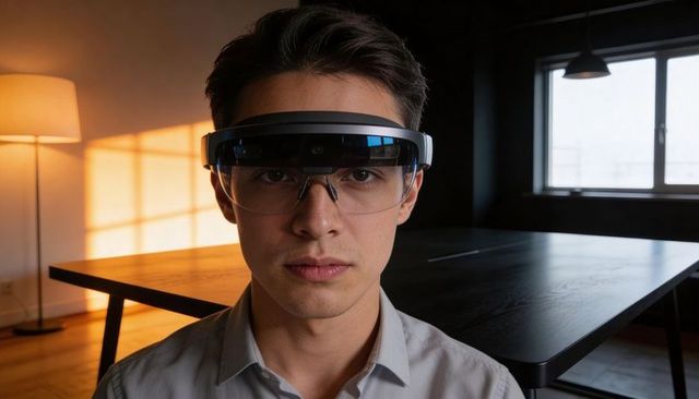 Young professional testing mixed reality headset in minimalist office with warm sunset light