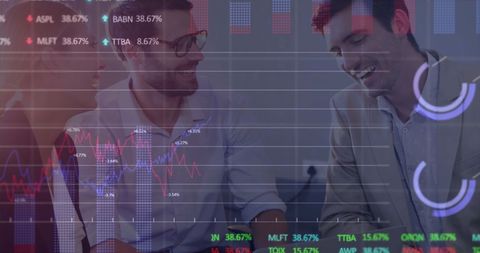 Business Team Analyzing Financial Data with Digital Overlay