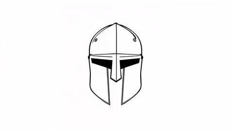 Minimalist drawing of medieval helmet with detailed armor features
