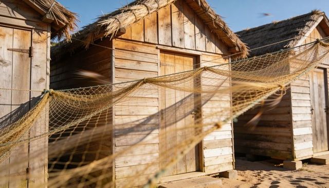 Thatched wooden beach huts with swaying fishing net in golden low sun