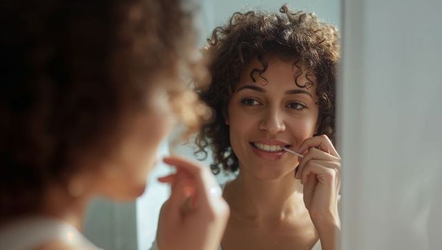 Curly-haired woman cleaning front teeth with dental pick at vanity mirror morning routine