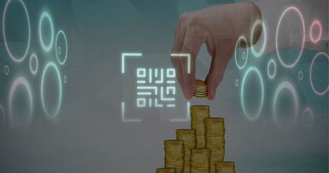 Hand Stacks Coins with QR Code and Digital Tech Background - Download Free Stock Images Pikwizard.com