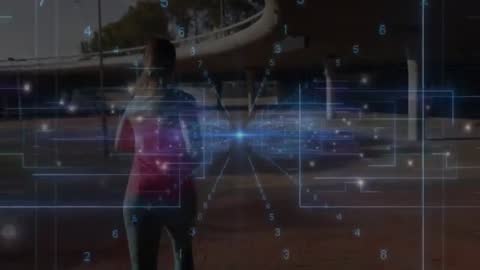 Futuristic Technology Concept in Urban Environment with Digital Grid