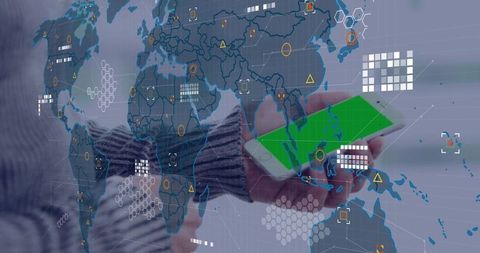 Hand holding smartphone with augmented reality global interface and futuristic hud