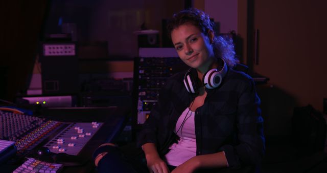 Female sound engineer working at mixing console in recording studio at night, wearing headphones. Ideal for illustrating concepts of audio engineering, music production, professional sound work, and technology in creative fields.