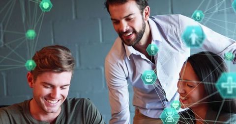 Digital Networking Icons Over Business Team Collaboration