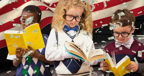 Children Reading Books with Falling Money and American Flag