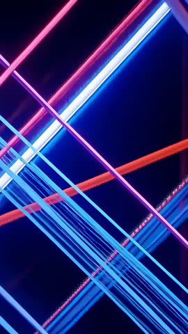 Vertical video panning revealing neon LED lattice with cyan and magenta diagonal lines