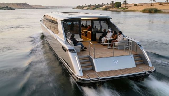 Luxury motor yacht cruising calm river with teak aft deck and guests relaxing at sunset