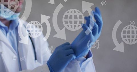 Doctor preparing for surgery with digital world overlay