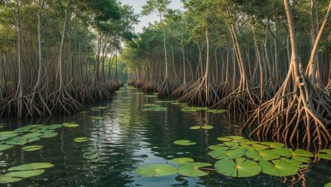 Lush mangrove swamp with aerial roots and lily pads along bay of bengal