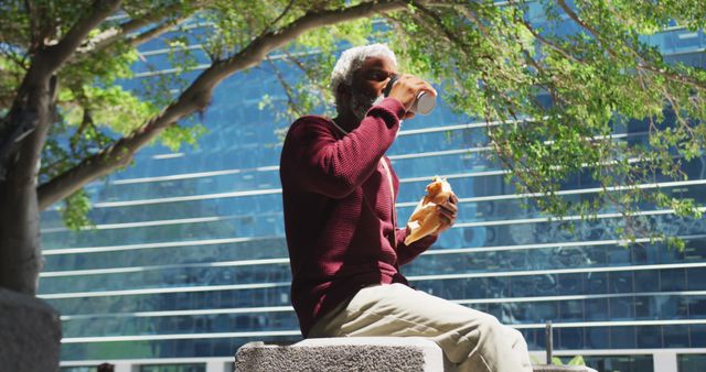 Elderly Man Enjoying Snack Break in Urban Park - Download Free Stock Images Pikwizard.com