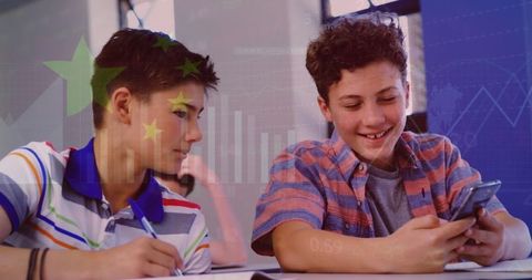 Two Boys Enthusiastically Learning with Smartphone in Classroom