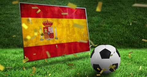 Spanish Flag with Soccer Ball and Gold Confetti Celebrating Football Victory