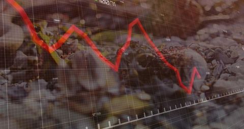 Declining market trend over gravel background with red jagged line and grid