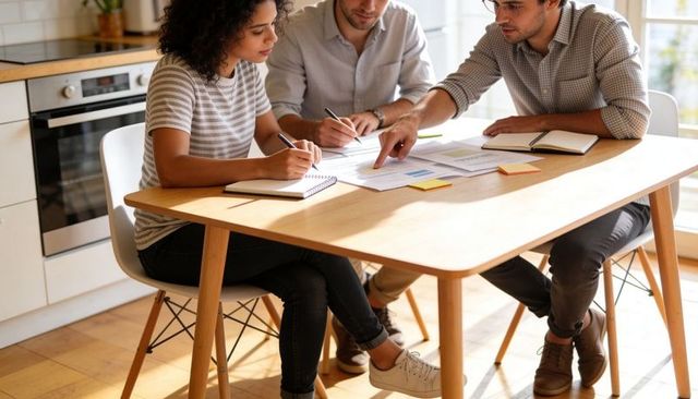 Young professionals collaborating at kitchen table planning finances and strategy
