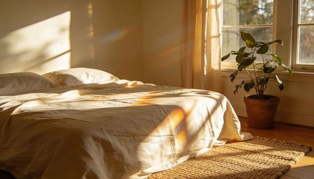 Sunlit linen bedding on low platform bed with jute rug, terracotta pot and warm wood floor
