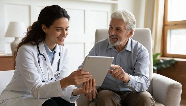 Female doctor offering telehealth consultation on tablet during home visit with senior man