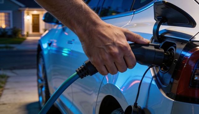 Right hand inserting ev charging connector into silver sedan on driveway at dusk