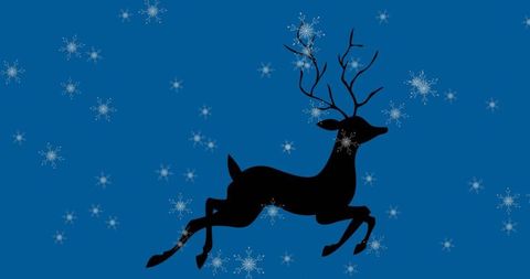 Leaping deer silhouette on blue with snowflakes