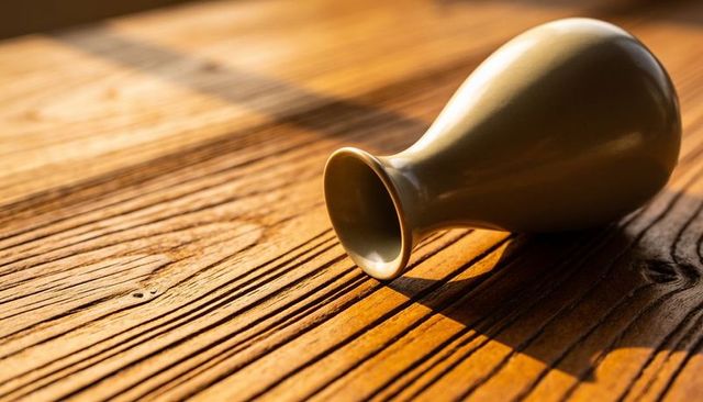Olive beige ceramic vase lying on sunlit wooden tabletop casting long shadow