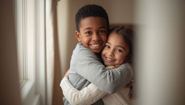 Smiling siblings hugging by window, cozy sunlit children embracing at home