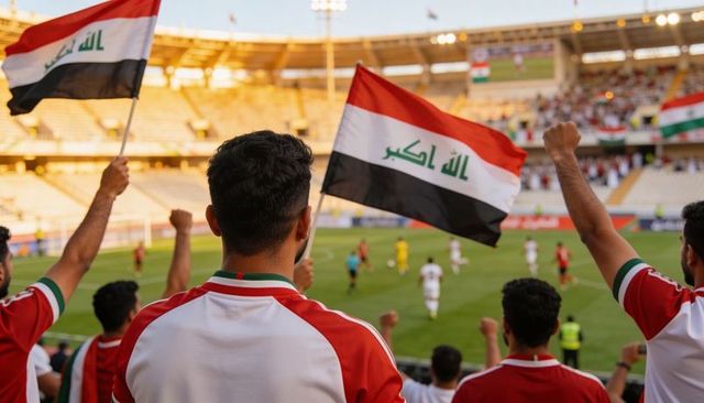Iraqi fans cheering and waving flags during football match in stadium at golden hour