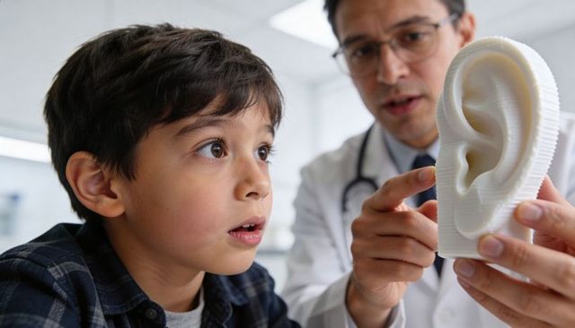 Pediatrician pointing to 3d ear model while curious boy learning about hearing and anatomy