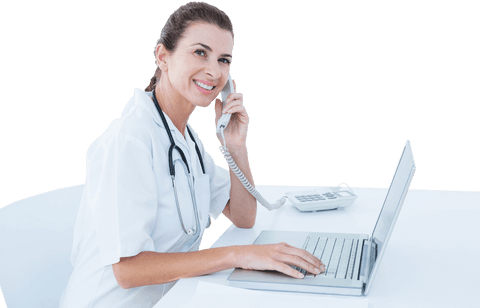 smiling doctor on phone with laptop at transparent background desk - Download Free Stock Videos Pikwizard.com