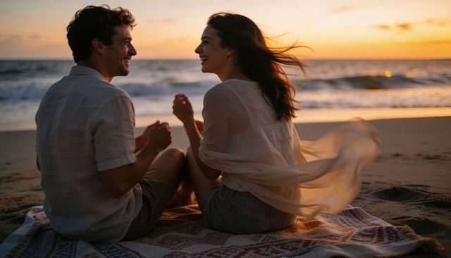 Couple laughing and chatting on sunset beach with flowing shawl and ocean breeze