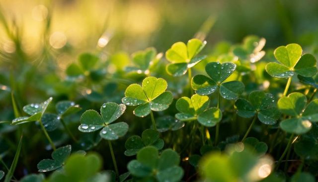 Backlit Dew-Covered Clover Meadow Macro Glowing Shamrock Leaves Capturing Morning Light