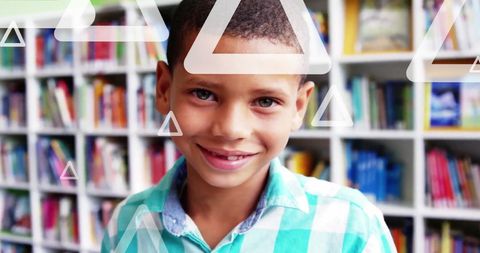 Smiling Child in Library with Geometric Overlays