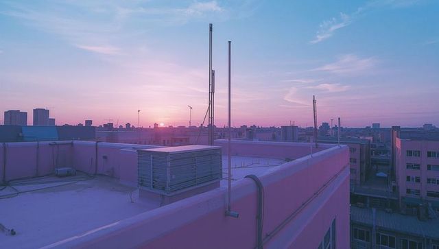 Urban Rooftop Scenery with Air-Handling Unit at Sunset