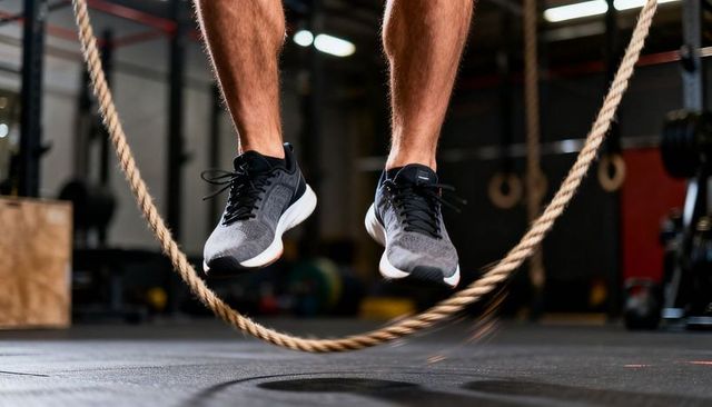 Athlete jumping rope in gym wearing running shoes showing explosive plyometric workout