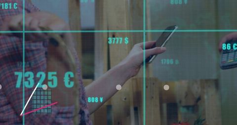 Tapping smartphone for contactless payment at shop counter with digital currency overlay